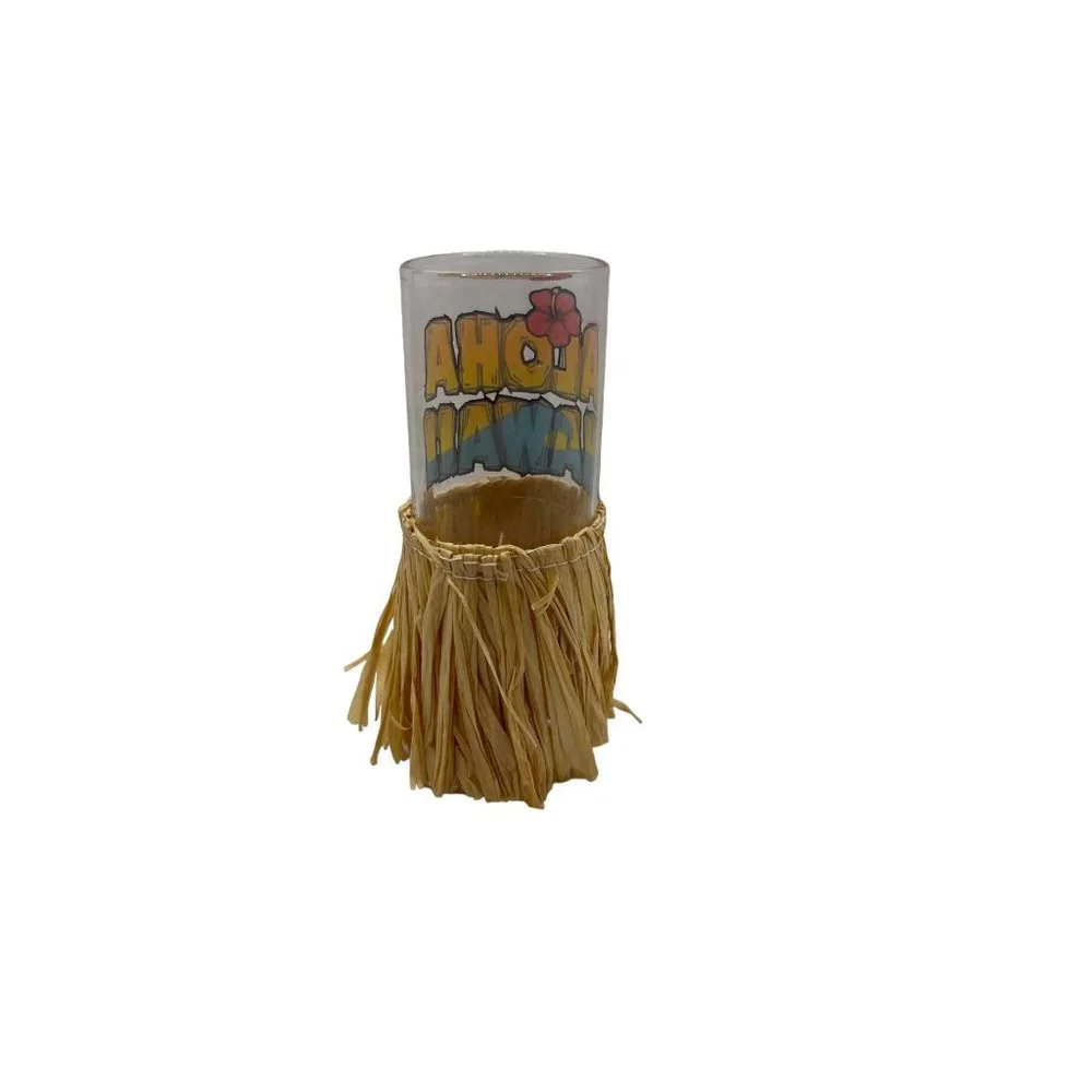 Hawaiian Souvenir Shot Glass Aloha With Grass Hula Skirt 2 ounce